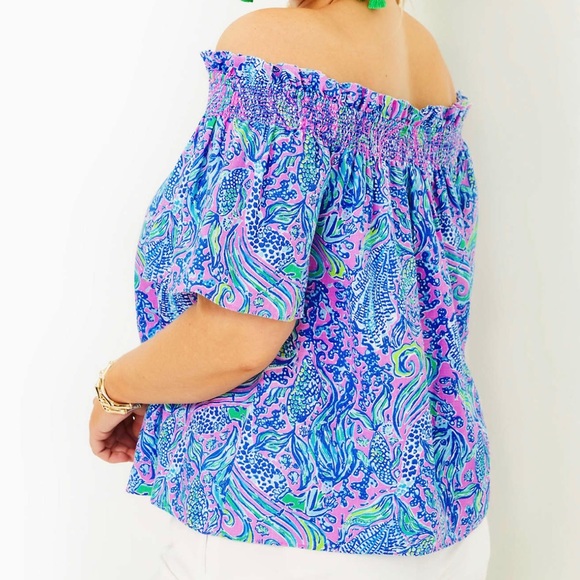 Lilly Pulitzer Leanne Off-The-Shoulder Linen Top Lilac Rose We Mermaid size L! - Picture 5 of 9